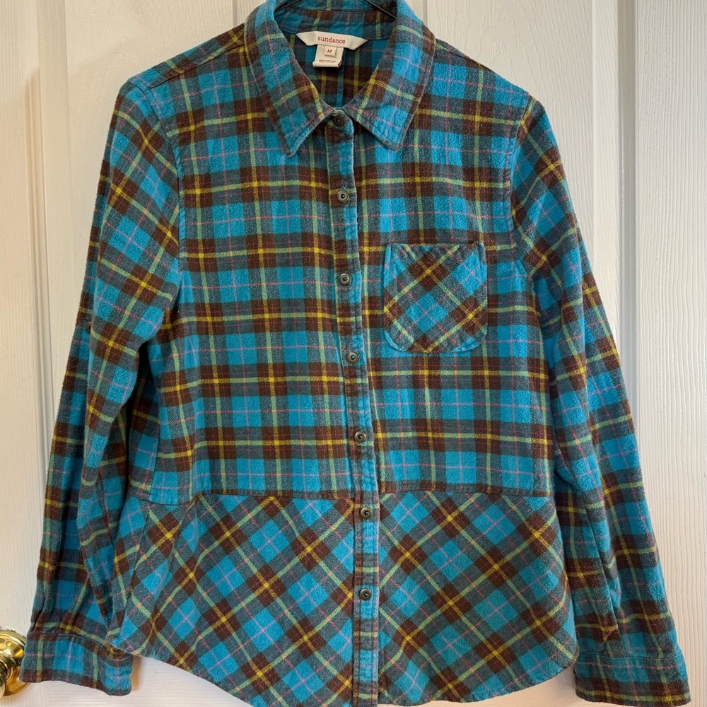 Sundance Sweet Sally Sz Medium Blue Turquoise Plaid Peplum Flannel Top
